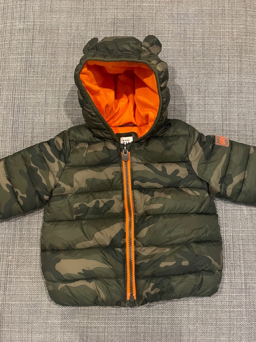 GAP Kids Camo Puffer Jacket with Orange Lining